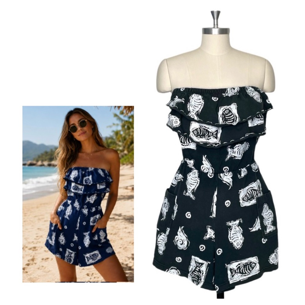 Vintage 80s Romper Navy Blue and White Strapless Fish Print Ruffle Trim Medium
